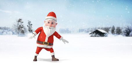 Santa Clause Dancing At The North Pole. Snowy Day. Christmas, Noel And New Year Related 3D Illustration Render.