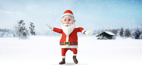 Santa Clause Dancing At The North Pole. Snowy Day. Christmas, Noel And New Year Related 3D Illustration Render.