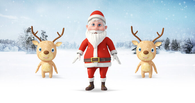 Santa And His Reindeers Having Fun And Dancing On A Snowy Day. Christmas, Noel And New Year Related 3D Illustration Render.