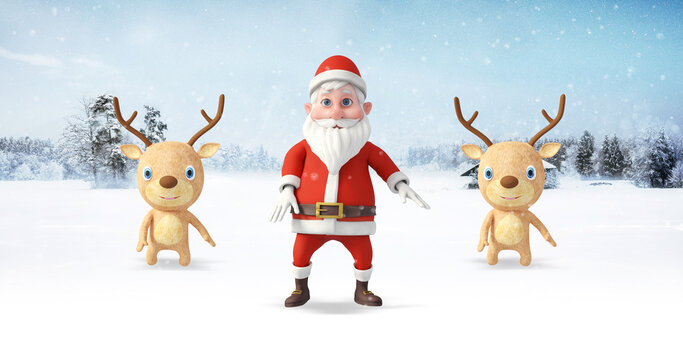 Santa And His Friends Making Funny Dance Moves At The North Pole. Snowy Day. Christmas, Noel And New Year Related 3D Illustration Render.