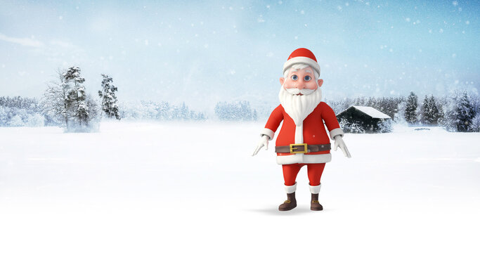 Santa Having Fun And Dancing On A Snowy Day. Christmas, Noel And New Year Related 3D Illustration Render.