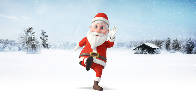 Santa Clause Dancing And Having Fun. Snowy Day. Christmas, Noel And New Year Related 3D Illustration Render.