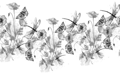 Watercolor seamless linear background, border. With a butterfly. dragonfly. poppy flower, wildflowers. For design,fabric, material, wallpaper, shawl.Stylish art background. Thickets of grass.