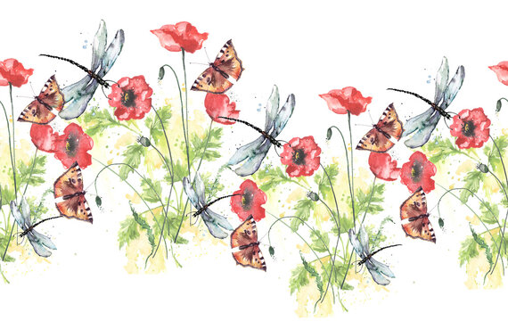 Watercolor seamless linear background, border. With a butterfly. dragonfly. poppy flower, wildflowers. For design,fabric, material, wallpaper, shawl.Stylish art background. Thickets of grass.