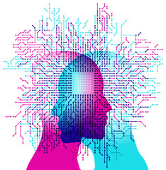 A male and female side silhouette positioned face to face, overlaid with a white single Computer Chip detail and numerous circuit board electronic details.