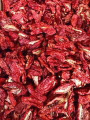Full frame of Italian sun dried tomatoes at the farmer’s market in Turin, Italy 