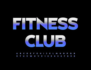Vector modern Sign Fitness Club. Metallic Font. Stylish Iron Alphabet Letters and Numbers set.