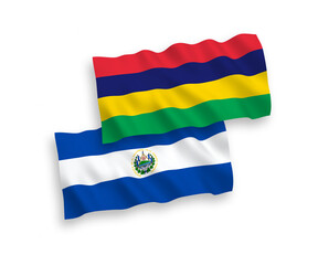 National vector fabric wave flags of Republic of El Salvador and Republic of Mauritius isolated on white background. 1 to 2 proportion.