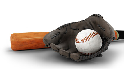 Baseball glove, ball and bat 3D illustration isolated on white background.