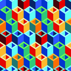 Seamless vector background with multicolored 3D cubes. Geometric pattern. For gift paper, background, greeting cards, presentations.