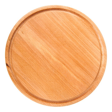 Round wooden pizza board isolated on white background.