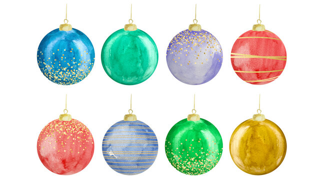 Watercolor colorful christmas balls for a Christmas tree with gold decor.