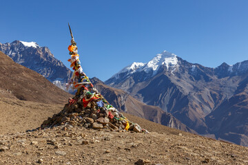 Gyu La pass in the Himalayas. View of the Yakwakang and Khatungkang mountains. Mustang, Nepal.