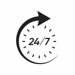 Open and service around the clock or 24 hours a day and 7 days a week icon or symbol isolated on white background