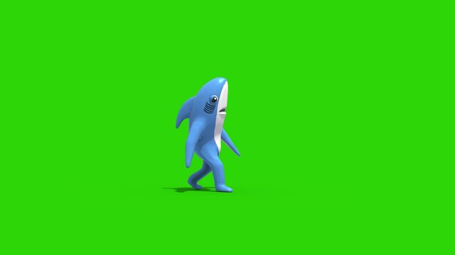 Mr Shark Baby Shark Green Screen Walks Side Kids 3D Rendering Animation
