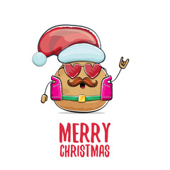 vector rock star Santa potato funny cartoon cute character with red Santa hat and calligraphic merry Christmas text isolated on white background. rock n roll Christmas party poster