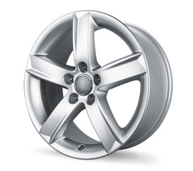 modern shiny silver metallic alloy aluminum car rim isolated white background. automotive part indurstry transportation concept
