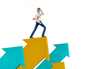 3D rendering illustration. Successful businessman stands on arrow which is pointing up as symbol of achievement and success 