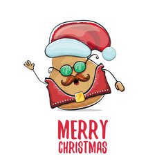 vector rock star Santa potato funny cartoon cute character with red Santa hat and calligraphic merry Christmas text isolated on white background. rock n roll Christmas party poster
