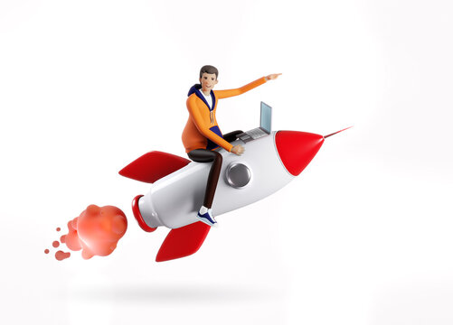 Successful business man flying on a rocket, 3D rendering illustration. Start up, success, new business, winner concept