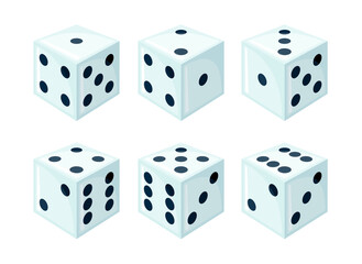 Set of white dices with black dots from different sides view.