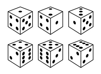 Set of white dices with black dots from different sides view.