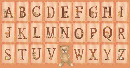  The original autumn alphabet for kids with a wonderful teddy bear, which learns the letters with the baby. Great choice for holiday decorations, cards, presentations or textbook. 