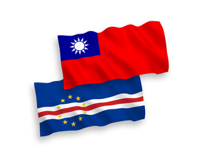 National vector fabric wave flags of Republic of Cabo Verde and Taiwan isolated on white background. 1 to 2 proportion.