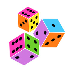 Colorful dices with black dots isolated on white background.