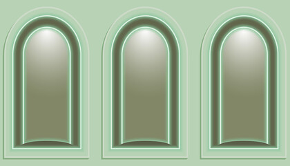 exhibition three podium display empty arch presentation shelf for goods green olive neon light cosmetic