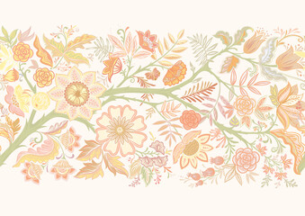 Seamless pattern with stylized ornamental flowers in retro, vintage style. Vector illustration in soft colors