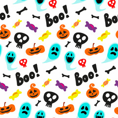 Halloween doodle festive seamless pattern. Vector hand drawn endless background with pumpkins, skulls, bats, spiders, ghosts, bones, candies, spider web and speech bubble with boo. Trick or treat.