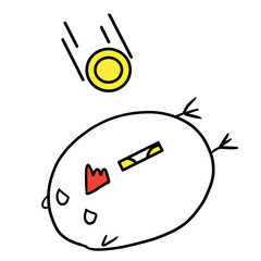 にわとりの貯金箱にお金を入れる