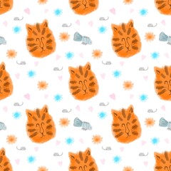 Abstract seamless pattern , ginger cat surrounded by flowers, mice and fish, suitable for the design of fabric or wrapping paper, wallpaper 