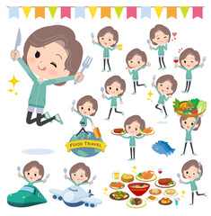 食のイベントに関する青緑ジャージ中年女性のセット