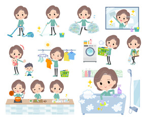 掃除や洗濯など家事に関する青緑ジャージ中年女性のセット