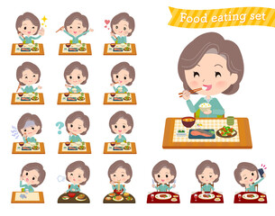 食事に関する青緑ジャージ中年女性のセット