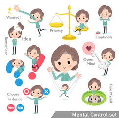 メンタルコントロールをする青緑ジャージ中年女性のセット