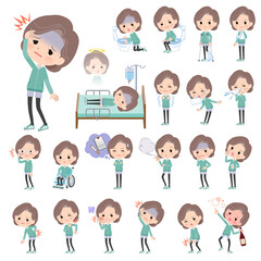 怪我や病気の状態の青緑ジャージ中年女性のセット