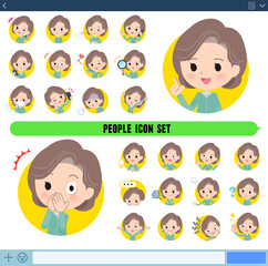 アイコン形式で様々な感情表現をする青緑ジャージ中年女性のセット