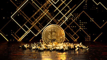 The concept of mining virtual cryptocurrency. Gold bitcoin coin in a mountain of gold on an abstract background. 3d illustration.