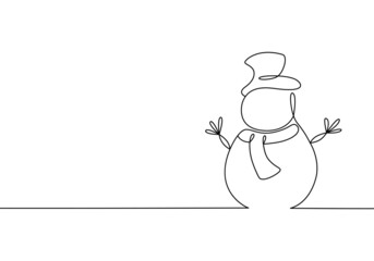 Snowman continuous line art. Christmas winter vector illustration.