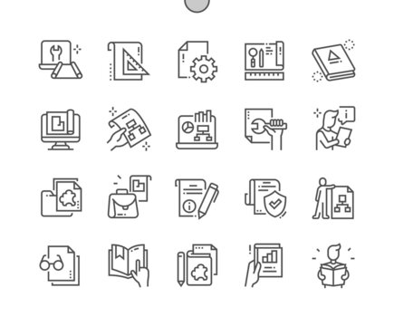 Technical documentation. Industrial, information, mechanical, paperwork and document. Technical file. Worker. Pixel Perfect Vector Thin Line Icons. Simple Minimal Pictogram