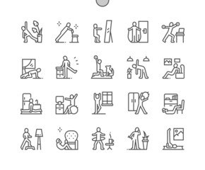 Sport people at home. Home workout. Exercising fitness. Activity, lifestyle. Pixel Perfect Vector Thin Line Icons. Simple Minimal Pictogram