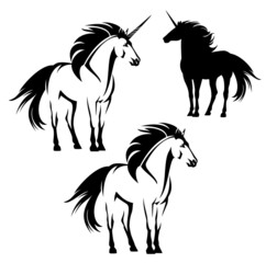 beautiful fairy tale unicorn horse with flying mane and tail - wild stallion black and white vector outline and silhouette