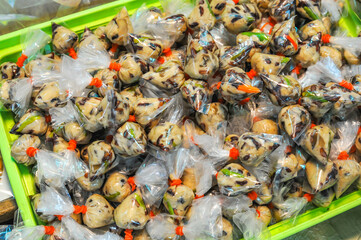 Top view of Thai sou fermented mushroom at Taling chan Floating market in Bangkok Thailand