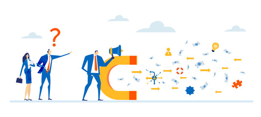 Business people, bankers working with magnet attracting golden coins. Savings, investments, finance strategy and technical support concept. 