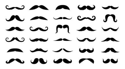 Men mustache. Black silhouette of curly facial hair, fun hipster logo, retro male whiskers, mustache shave and barber symbols collection. Vector isolated set