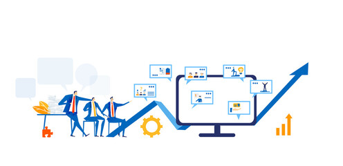 Business people, strategy team working with index, reading information from the screen, analysing and making corrections. 