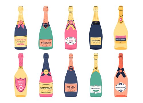 Doodle wine bottles. Cartoon champagne and prosecco alcohol drinks in vintage fancy glass bottles, white and red sparkling wine collection. Vector set